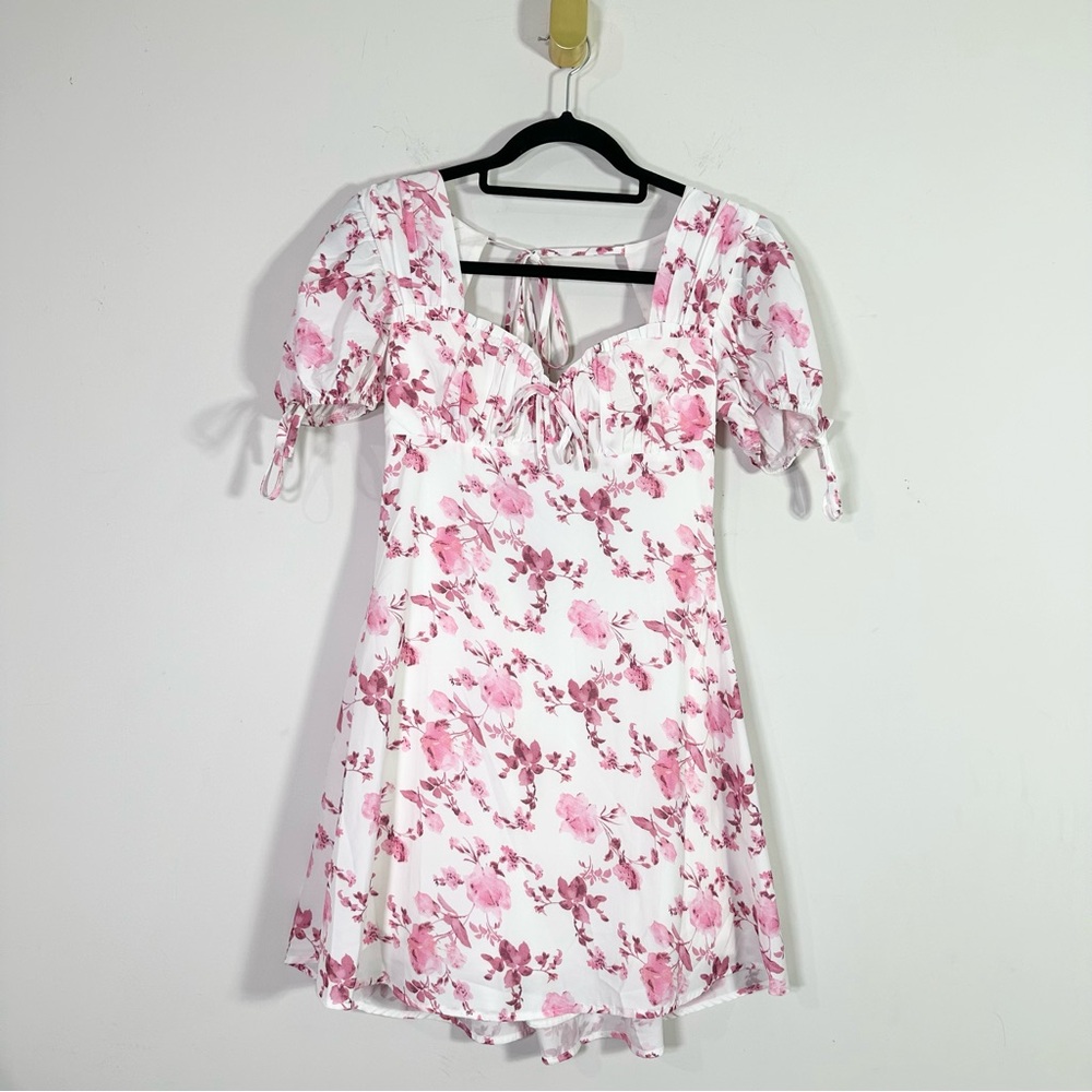 Princess Polly Mina White Pink Floral Open Back Puff Sleeve Mini Dress